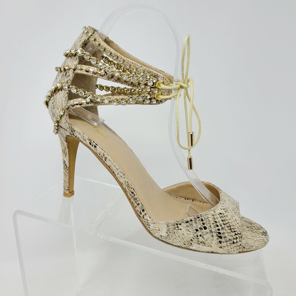 Thalia Sodi Evahly Open Toe Rhinestones Ankle Sandals Pumps Sexy Size 8.5 Gold